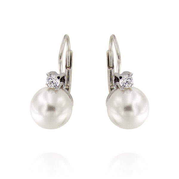 Orecchini a monachella con perla bianca e zircone bianco - 14 mm - rhodiato