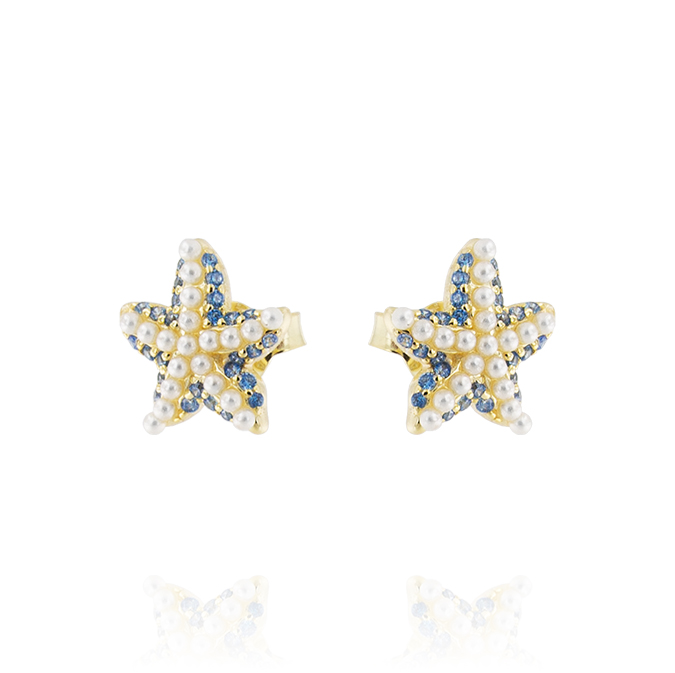 Orecchini stella marina con perle bianche e zirconi blu - placcato oro