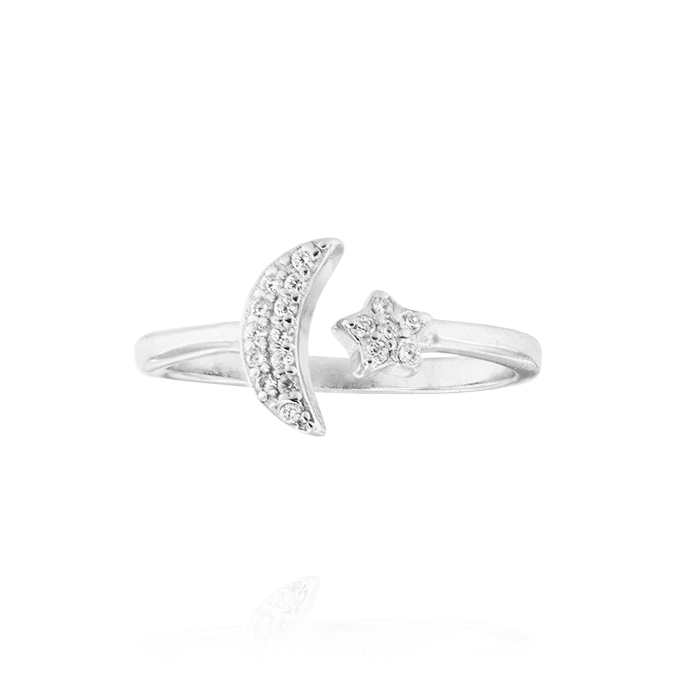 Anello luna contrarié con zirconi bianchi - regolabile - rhodiato