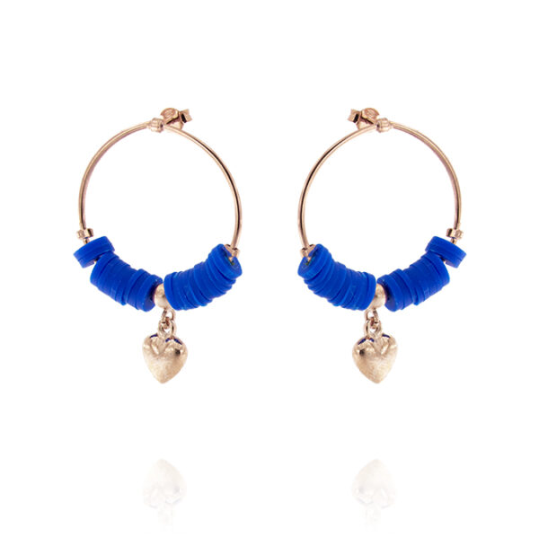 Orecchini a cerchio con cuori pendenti e rondelle blu - placcato rosé