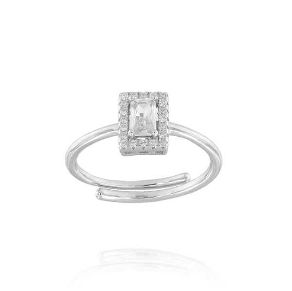 Anello rettangolare con zirconi bianchi - rhodiato