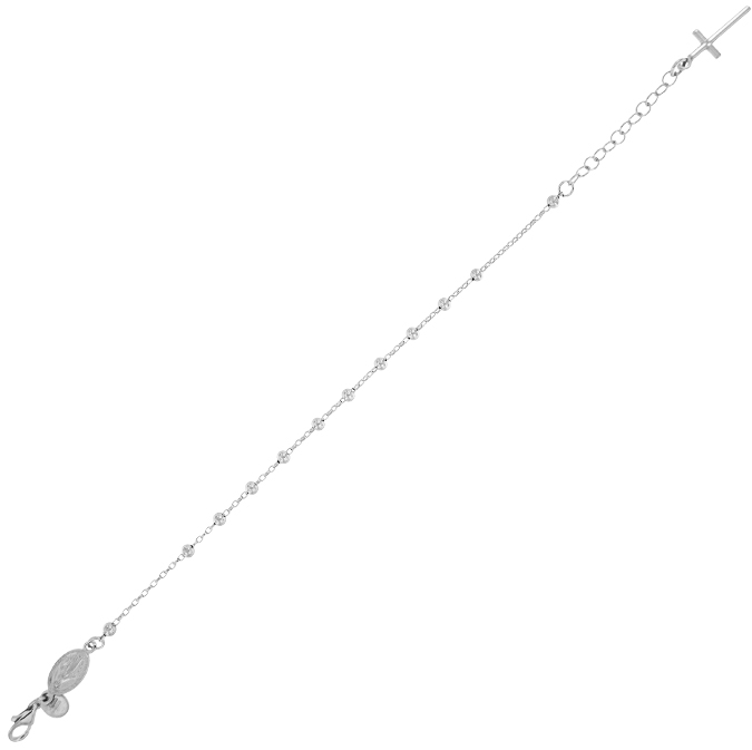 Bracciale rosario con palline lucide e croce pendente - rhodiato