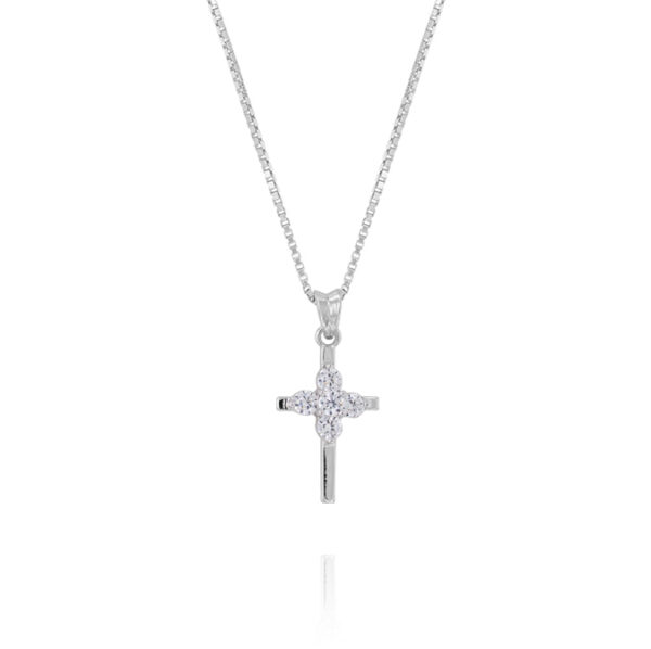 Collana pendente croce lucida con zirconi bianchi – rhodiato