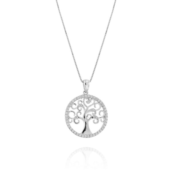 Collana pendente albero della vita lucido con zirconi bianchi – rhodiato