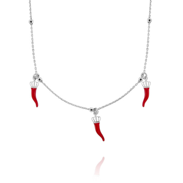 Collana con palline sfaccettate e cornetti rossi – rhodiato