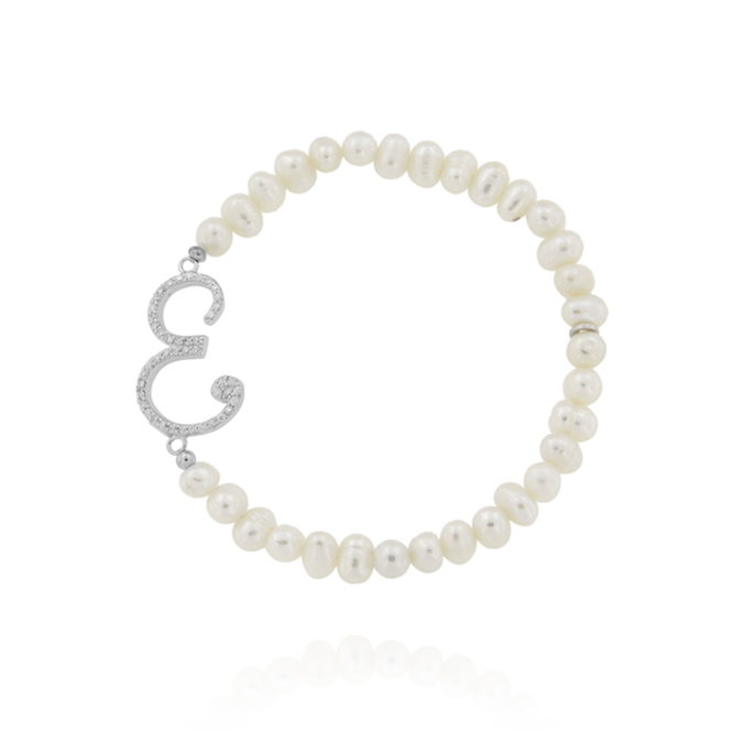 Bracciale elastico lettera "E" con zirconi e perle bianche - rhodiato