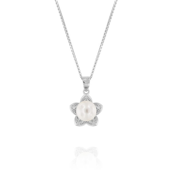 Collana pendente fiore con perla naturale bianca e zirconi bianchi – rhodiato