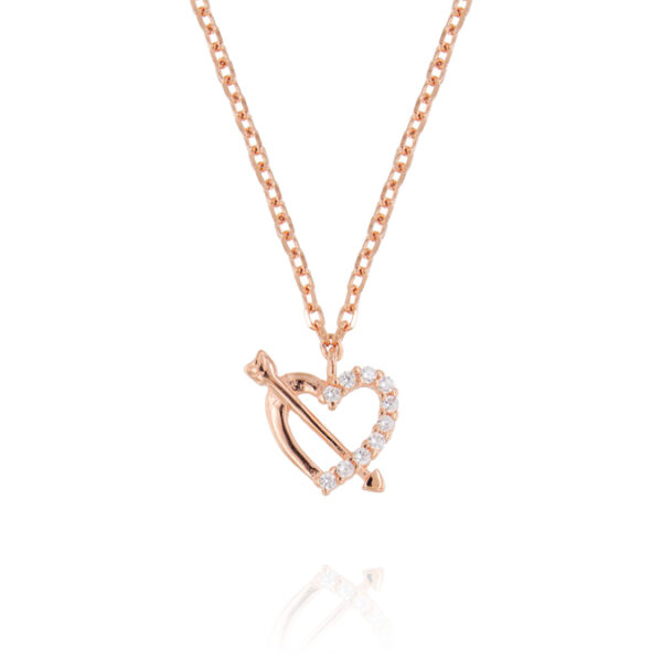 Collana pendente cuore traforato con freccia e zirconi bianchi - placcato rosé
