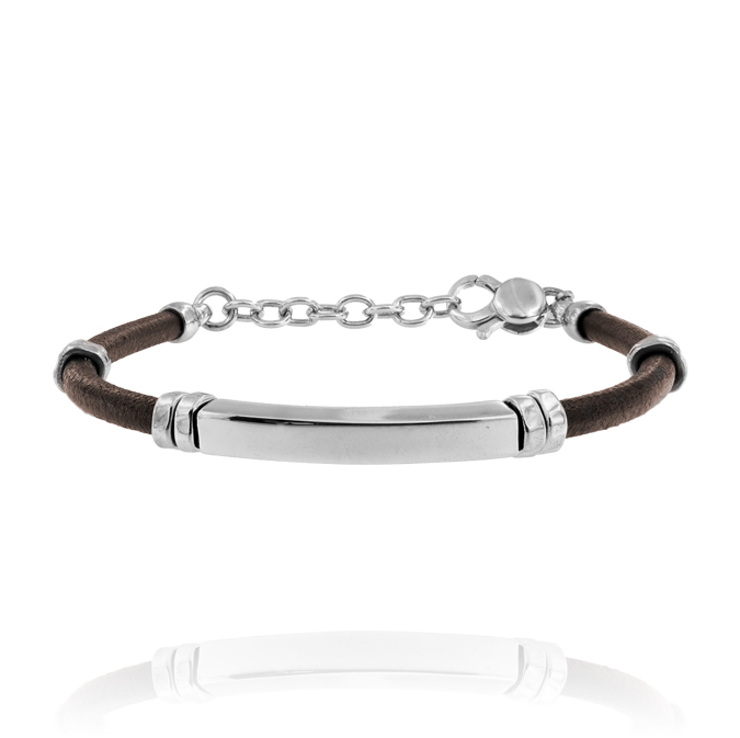 Bracciale in cuoio marrone con piastra lucida e rondelle - rhodiato
