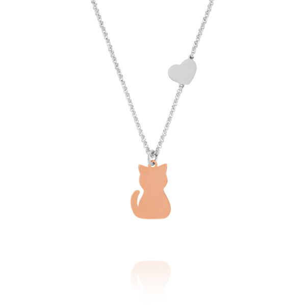 Collana pendente gatto lucido con cuore – rhodiato e placcato rosé