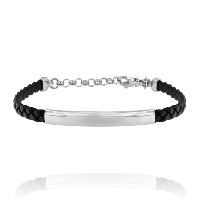 Bracciale treccia cuoio nero con piastra lucida - rhodiato