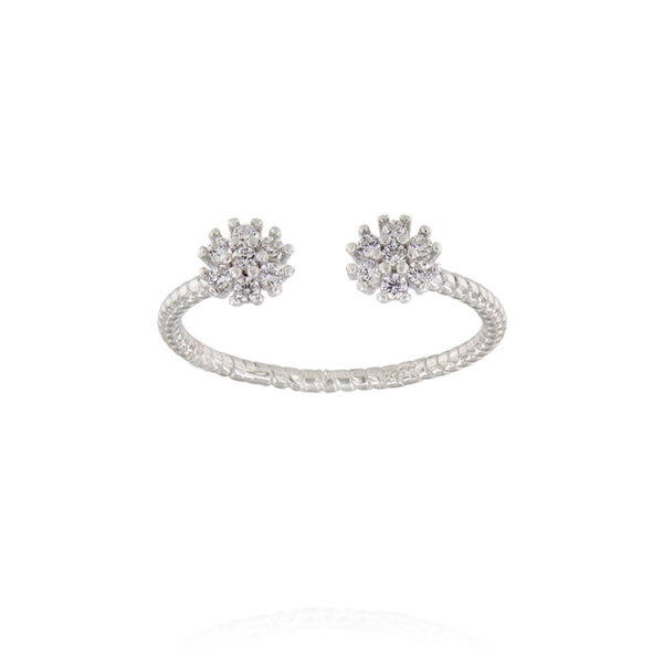 Anello a gambo elaborato con due fiori con zirconi - regolabile - rhodiato