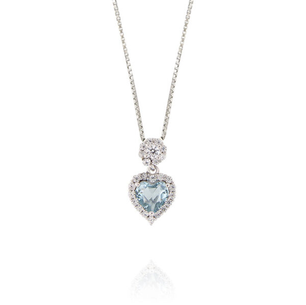 Collana con cuore azzurro con cornice di zirconi - rhodiato