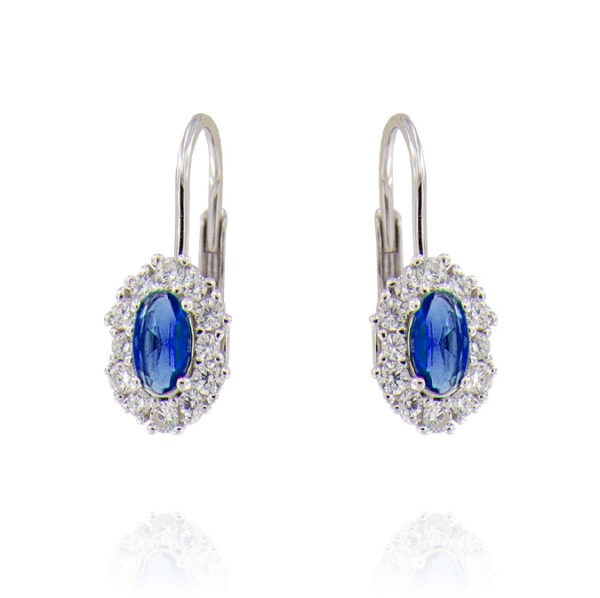 Orecchini monachella con pietra ovale blu e zirconi – rhodiato