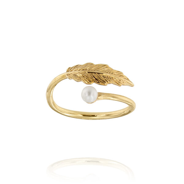 Anello contrarié con piuma e perla bianca - placcato oro