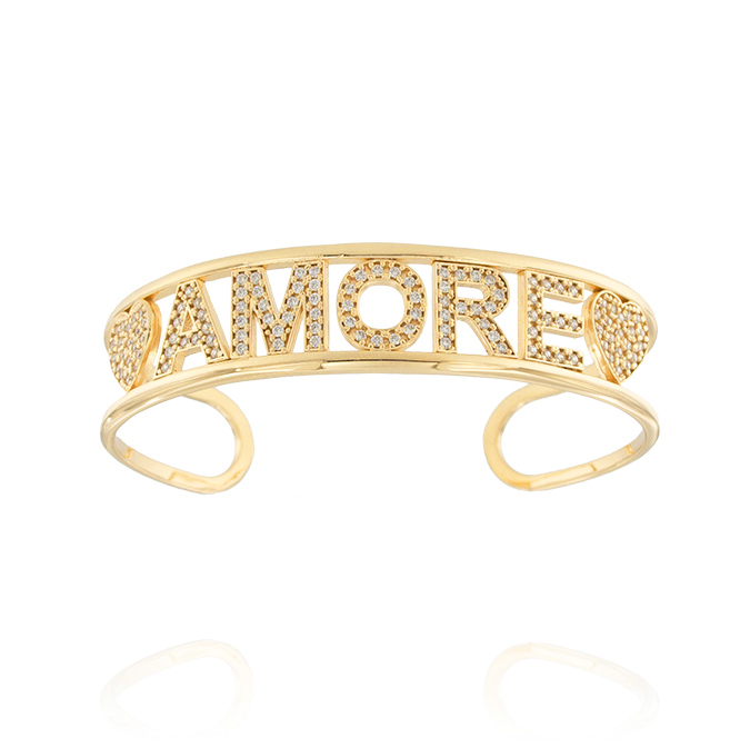 Bracciale schiava in argento placcato oro con scritta e zirconi personalizzabili da 6 a 8 elementi