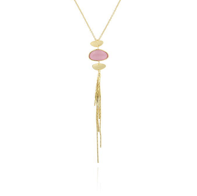 Ingrosso collana con una pietra rosa, ovali e catene pendenti in argento 925 placcato oro cod. 48204556