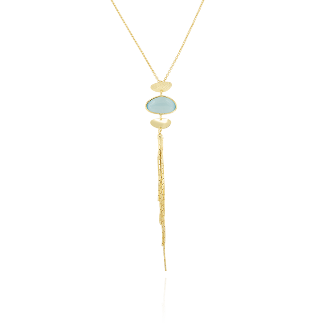 Ingrosso collana con una pietra azzurra, ovali e catene pendenti in argento 925 placcato oro cod. 48320496