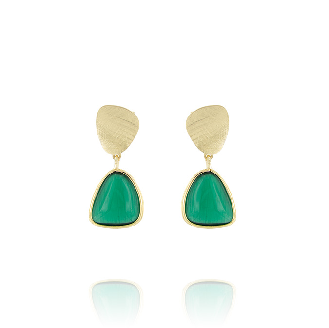 Ingrosso orecchini con pietra verde triangolare e doppia placca satinata in argento 925 placcato oro cod. 48309446