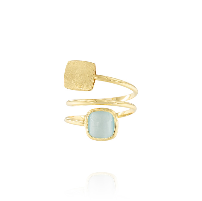 Ingrosso anello a 3 giri con placca satinata e pietra azzurra quadrata in argento 925 placcato oro cod. 48503996