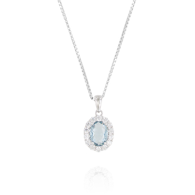 Ingrosso collana Royal / Kate ovale piccolo con zirconi acquamarina e bianchi in argento 925 rhodiato cod. 01271509