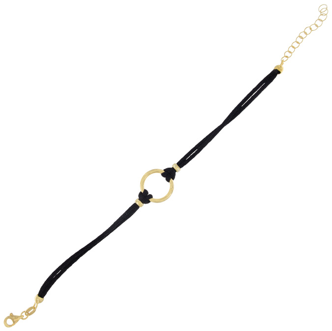Ingrosso bracciale a 2 fili tessuto in seta nero con anello centrale in argento 925 placcato oro cod. 19337126