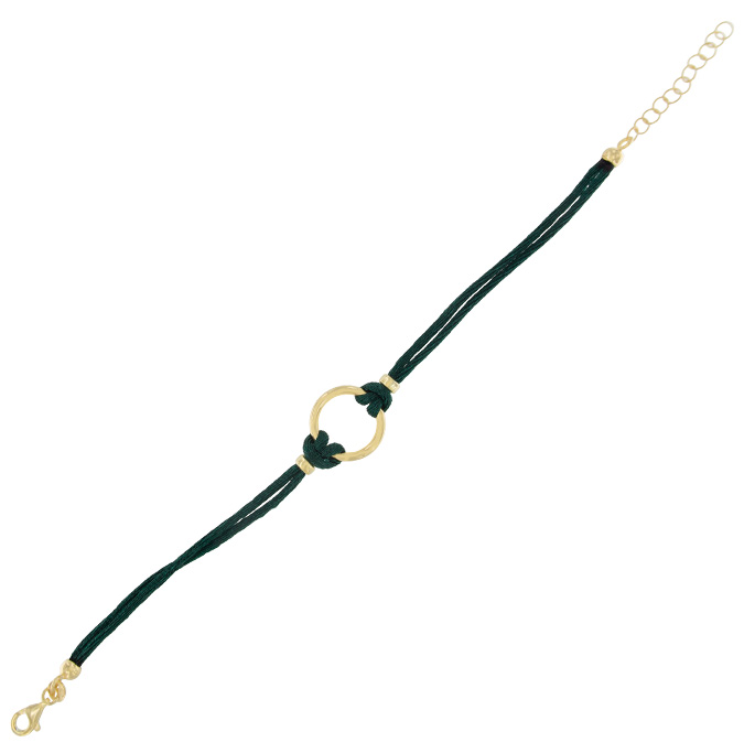 Ingrosso bracciale a 2 fili tessuto in seta verde con anello centrale in argento 925 placcato oro cod. 19337146