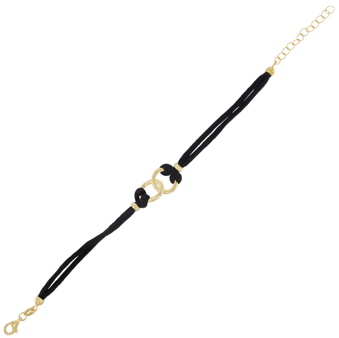 Ingrosso bracciale a 2 fili tessuto in seta nero con 2 anelli centrali in argento 925 placcato oro cod. 19337326