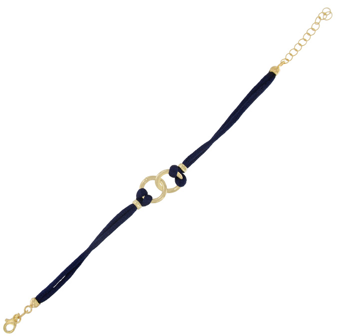 Ingrosso bracciale a 2 fili tessuto in seta blu con 2 anelli centrali in argento 925 placcato oro cod. 19337336