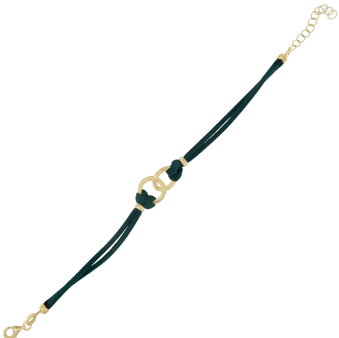 Ingrosso bracciale a 2 fili tessuto in seta verde con 2 anelli centrali in argento 925 placcato oro cod. 19337346
