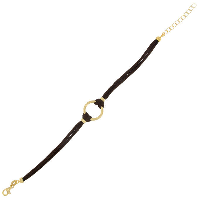 Ingrosso bracciale a 2 fili tessuto in seta marrone con anello centrale in argento 925 placcato oro cod. 19371176