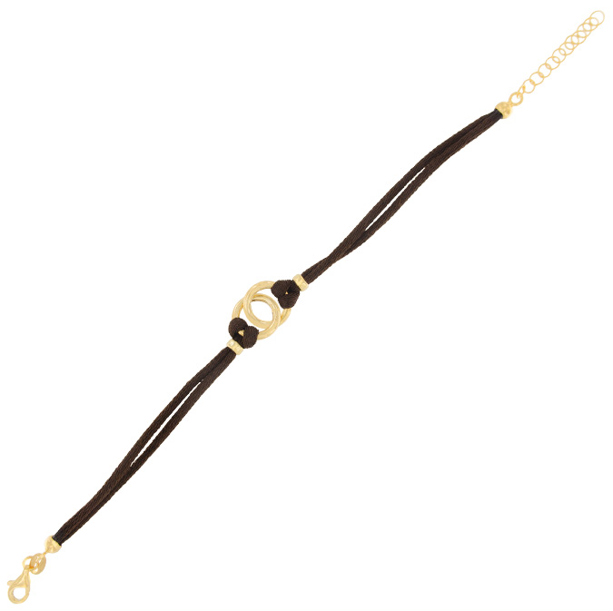 Ingrosso bracciale a 2 fili tessuto in seta marrone con 2 anelli centrali in argento 925 placcato oro cod. 19373176