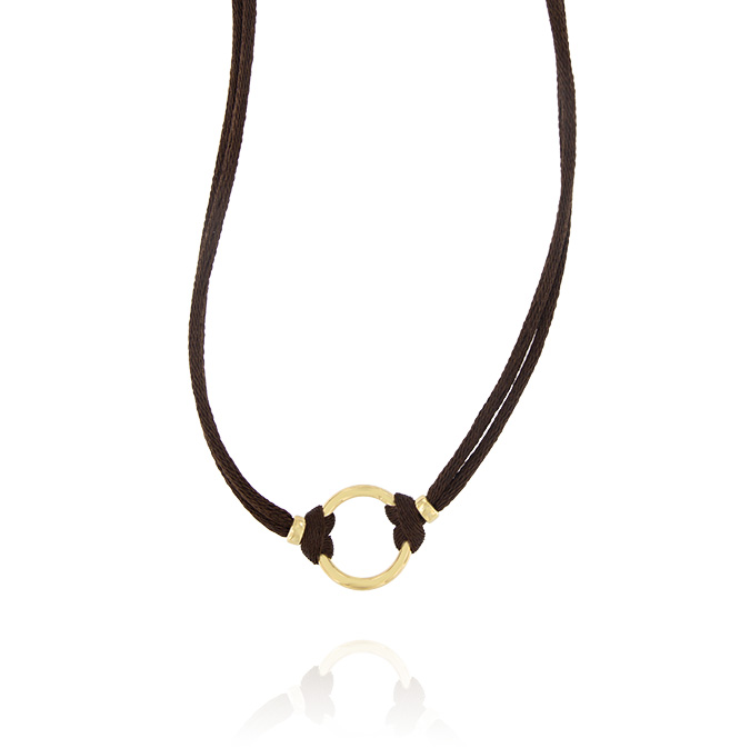 Ingrosso collana a 2 fili tessuto in seta marrone con anello centrale in argento 925 placcato oro cod. 19319176