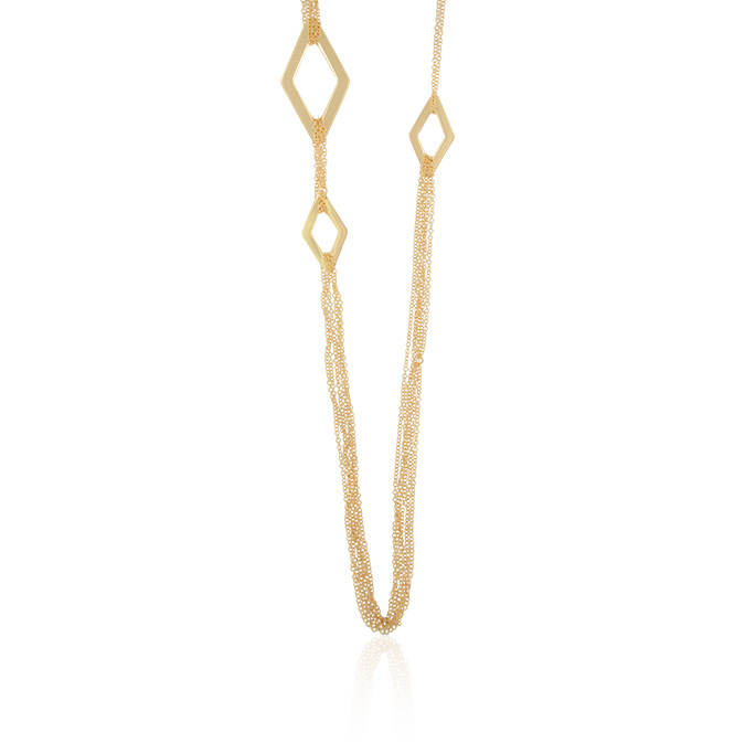 Ingrosso collana lunga con diversi fili rollò e 4 rombi lucidi in argento 925 placcato oro cod. 19343136