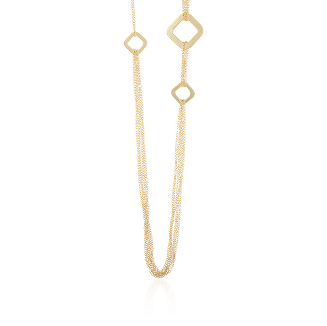 Ingrosso collana lunga con diversi fili rollò e 4 quadrati lucidi in nargento 925 placcato oro cod. 19343146