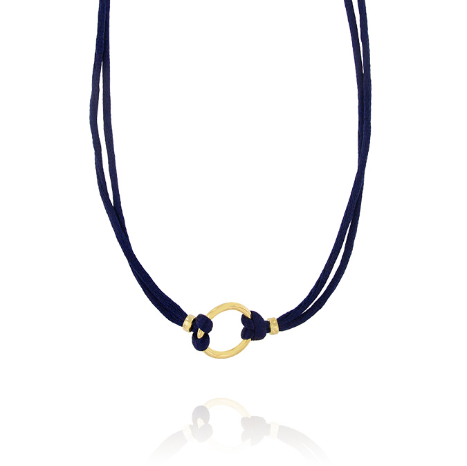 Ingrosso collana a 2 fili tessuto in seta blu con anello centrale in argento 925 placcato oro cod. 19431936