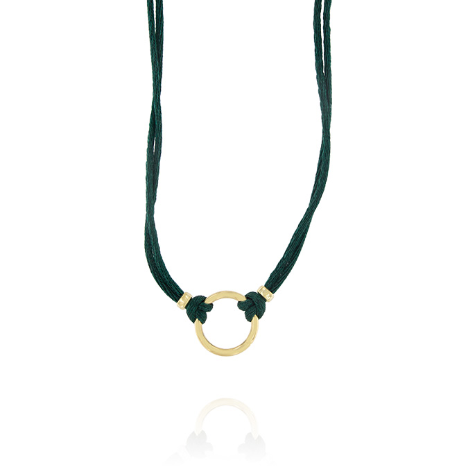Ingrosso collana a 2 fili tessuto in seta verde con anello centrale in argento 925 placcato oro cod. 19431946