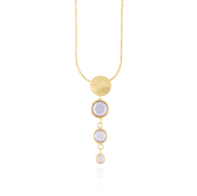 Ingrosso collana con 3 zirconi viola tondi e 1 placca satinata in argento 925 placcato oro cod. 48216106