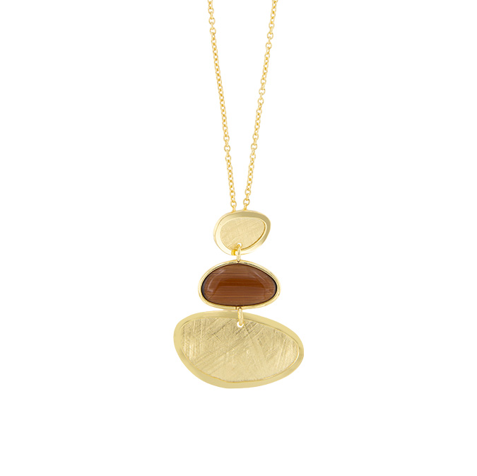 Ingrosso collana con pietra marrone tra 2 placche ovali in argento 925 placcato oro cod. 48224176