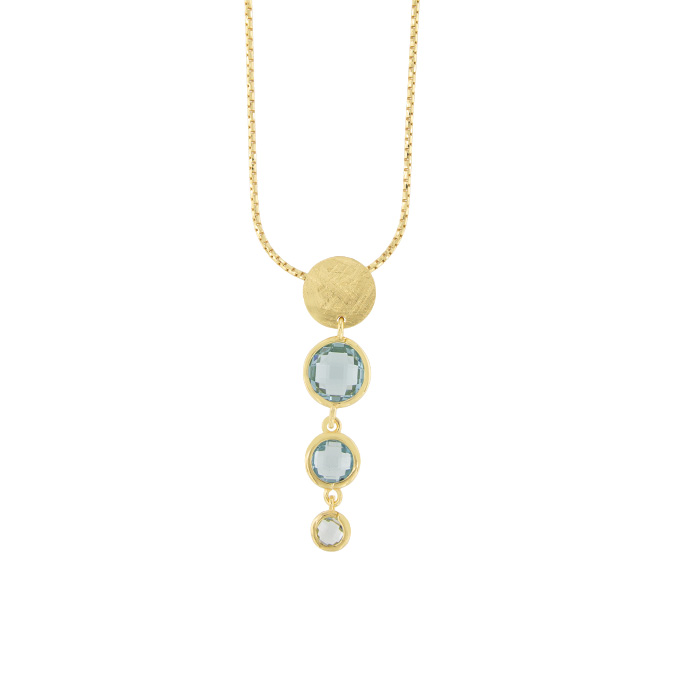 Ingrosso collana con 3 zirconi azzurri tondi e 1 placca satinata in argento 925 placcato oro cod. 48321696
