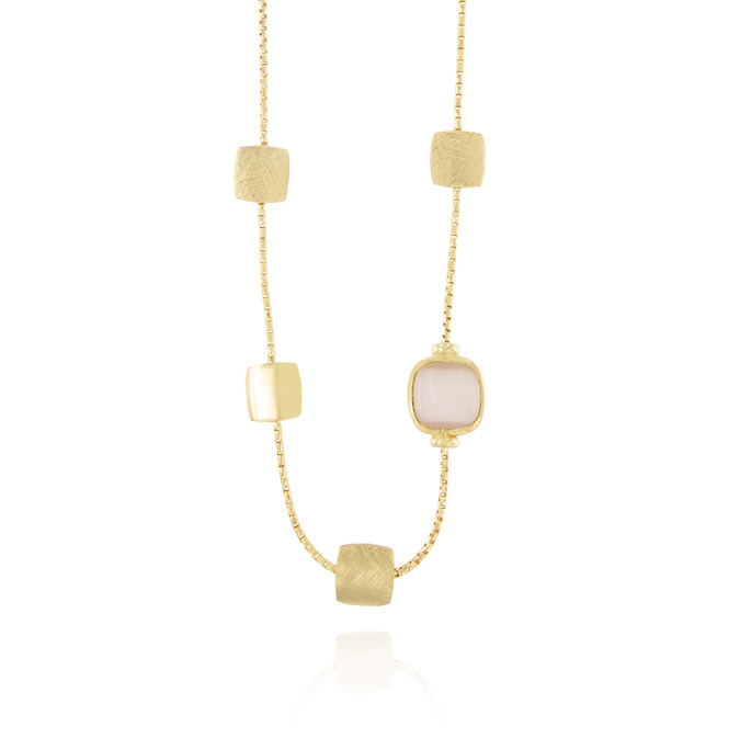 Ingrosso collana con 4 placche quadrate e 1 pietra bianca opaca in argento 925 placcato oro cod. 48322016