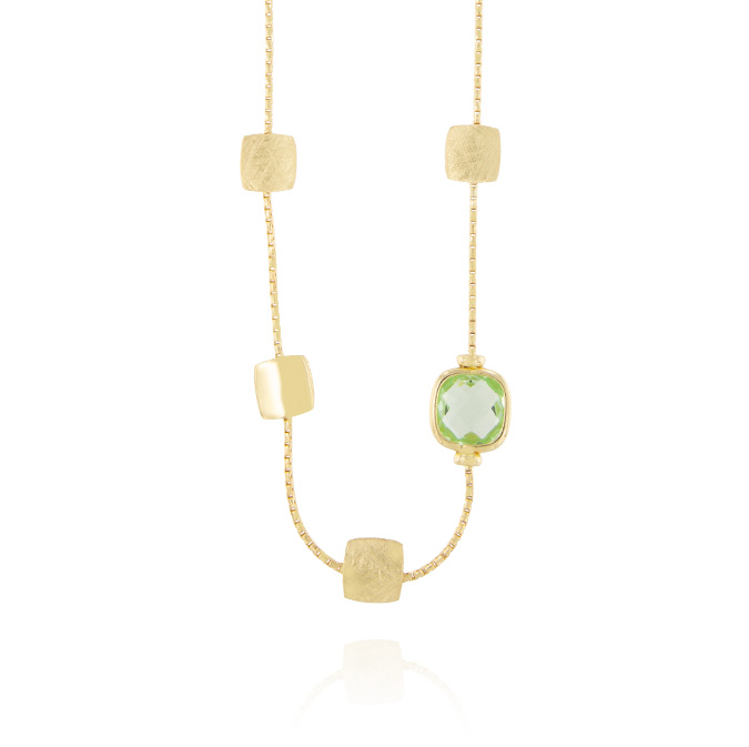 Ingrosso collana con 4 placche quadrate e 1 zircone verde in argento 925 placcato oro cod. 48322046