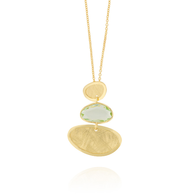 Ingrosso collana con zircone verde tra 2 placche ovali in argento 925 placcato oro cod. 48322446