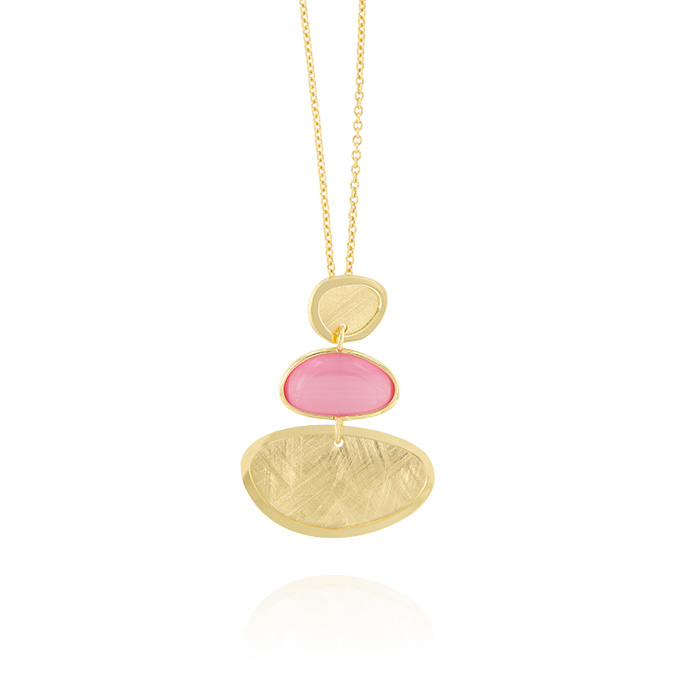 Ingrosso collana con pietra rosa tra 2 placche ovali in argento 925 placcato oro cod. 48322456