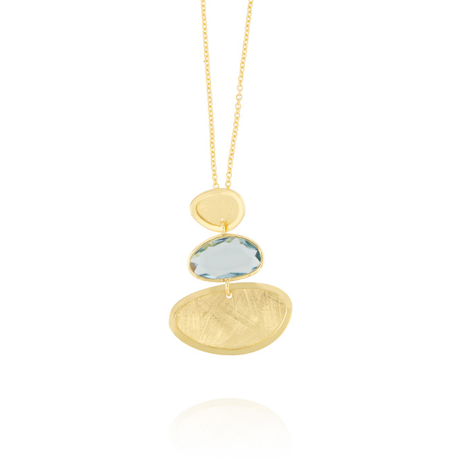 Ingrosso collana con zircone azzurro tra 2 placche ovali in argento 925 placcato oro cod. 48322496