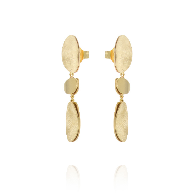 Ingrosso orecchini con 2 placche ovali satinate e 1 lucida in argento 925 placcato oro cod. 48013196