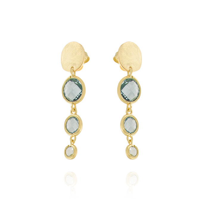 Ingrosso orecchini con 3 zirconi tondi azzurri e 1 placca satinata in argento 925 placcato oro cod. 48131796