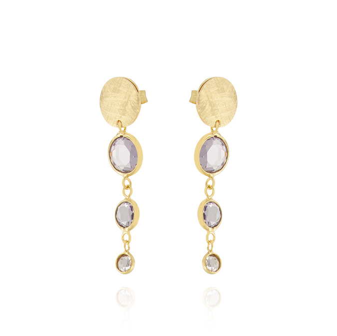 Ingrosso orecchini con 3 zirconi tondi viola e 1 placca satinata in argento 925 placcato oro cod. 48317106