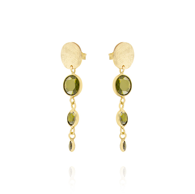 Ingrosso orecchini con 3 zirconi tondi verde scuro e 1 placca satinata in argento 925 placcato oro cod. 48317156