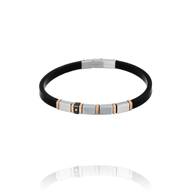 Ingrosso bracciale caucciù con zircone bianco e 4 piastrine tra inserti rosè cod. AC191477